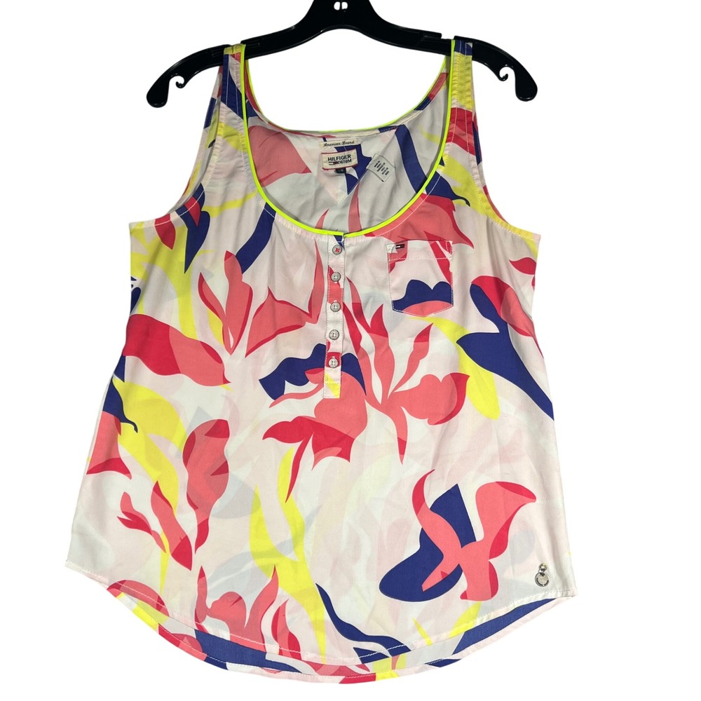 Hilfiger Denim Womens XS Tropical Floral‎ Tank Top Button Front Pink Yellow Blue